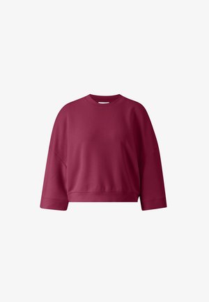 Sweatshirt bordeaux avec un col rond, des épaules tombantes et des manches longues. Texture lisse et coupe courte, avec un design minimaliste.