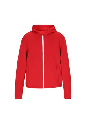 Chaqueta con capucha roja de tela suave, con un cierre frontal completo y bolsillos laterales. Diseño sencillo con mangas largas y un ajuste relajado.