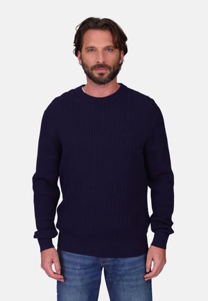 Homme barbu portant un pull en tricot torsadé bleu marine et un jean bleu, debout devant un fond clair uni.