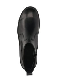 Black leather ankle boot with elastic side panels, round toe, a smooth finish, and a pull tab at the back for easy wear.