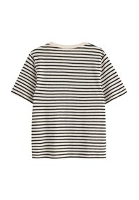 Gestreiftes T-Shirt in Beige und Marineblau, mit kurzen Ärmeln, Rundhalsausschnitt, aus weichem Baumwollstoff, mit gleichmäßig verteilten horizontalen Streifen. Keine sichtbaren Verzierungen.