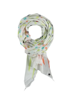 Bufanda de color claro con patrones multicolores de círculos y pinceladas alargadas, doblada de forma suelta con los extremos puntiagudos visibles.