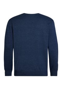 Marineblauw sweatshirt met een ronde hals, lange mouwen en een gladde, textuurstof. Eenvoudig ontwerp zonder patronen of versieringen.