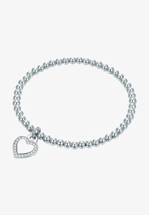 Pulsera de cuentas plateadas con un charm en forma de corazón y una fila de piedras preciosas transparentes. Textura suave con una forma redonda y uniforme.