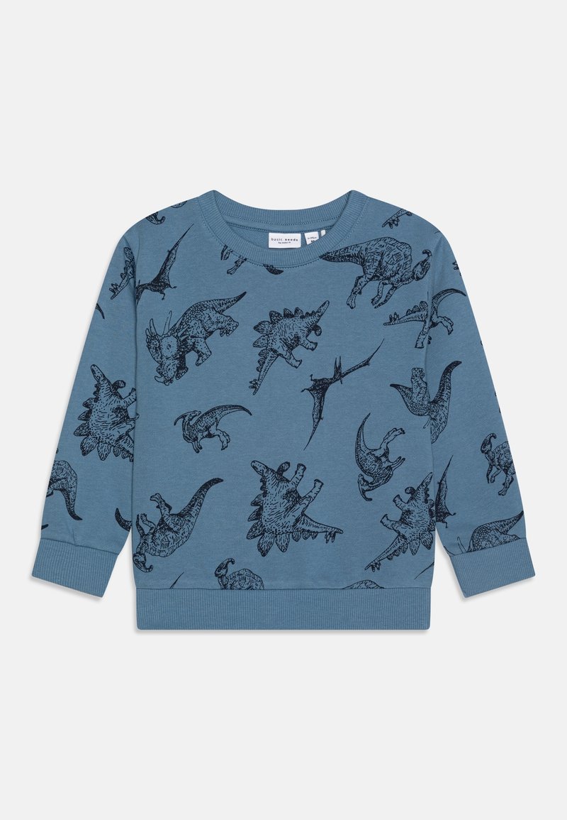 Sweat-shirt bleu pour enfant avec imprimés de dinosaures en style esquisse noire, incluant tricératops, stégosaure et ptérodactyle, avec poignets et ourlet côtelés.