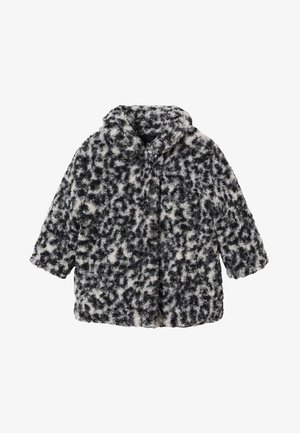 Cappotto stampato nero e bianco sfocato con cappuccio, caratterizzato da una vestibilità ampia e bottoni visibili, realizzato in un materiale morbido e testurizzato.