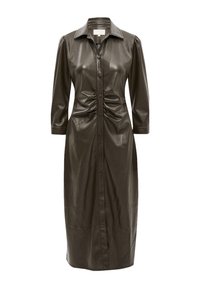 Abito camicia in pelle verde scuro con collare, maniche a tre quarti, bottoni frontali e dettagli arricciati in vita.