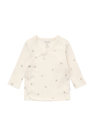 Babyshirt met lange mouwen in crèmekleur met kleine roze bloemenprint en drukknoopjes schuin over de voorkant.