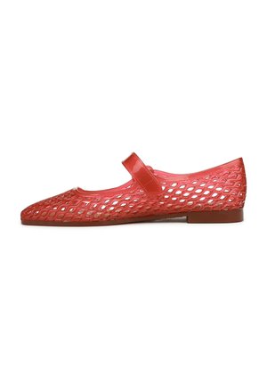 Scarpe Mary Jane piatte in plastica rossa con design a rete, dotate di cinturino sul collo del piede e tacco basso quadrato. Struttura aperta e traspirante.