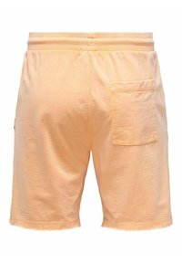 Shorts de couleur pêche clair en tissu doux. Dotés d'une taille élastique et d'une poche arrière en patch. Texture lisse et design simple.