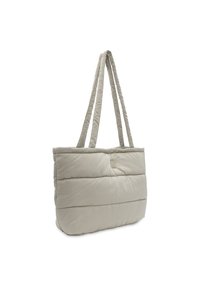 Beige, gewatteerde tote bag met twee lange hengsels, met een gladde textuur en een klein logo-accent op het voorpaneel.
