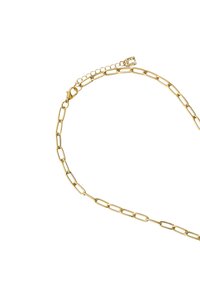 Złoty naszyjnik z łańcuchem charakteryzujący się wydłużonymi owalnymi ogniwami, z zapięciem typu lobster oraz regulowanym łańcuszkiem przedłużającym dla elastyczności.