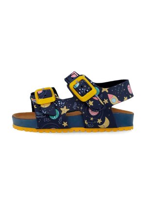 Sandalo per bambino blu navy con stampa a tema spaziale, due fibbie gialle, suola blu e battistrada giallo.