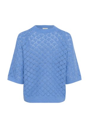 Helles blaues gestricktes Kurzarmoberteil mit einem gewellten Spitzenmuster sowie geripptem Kragen, Bündchen und Saum.