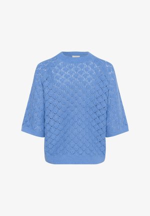 Pull à manches courtes en maille bleu clair avec un motif en dentelle festonnée et un col, des poignets et un ourlet côtelés.