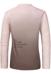 Long-sleeve shirt in light pink and gradient brown, featuring a textured design with printed text on the back. Soft, moisture-wicking fabric.