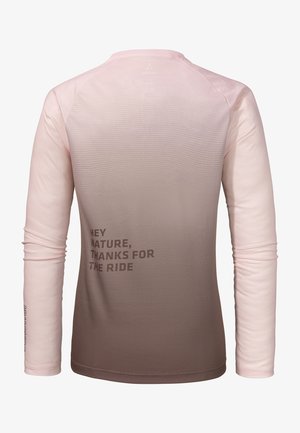 Long-sleeve shirt in light pink and gradient brown, featuring a textured design with printed text on the back. Soft, moisture-wicking fabric.
