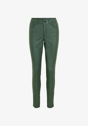 Grüne Kunstleder-Skinny Jeans mit hoher Taille, ausgestattet mit Gürtelschlaufen, Vordertaschen und einem einzelnen Knopfverschluss.