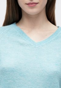 Ženska, oblečena v svetlo modri pleteni pulover z V-izrezom, ki kaže njen vrat in spodnji del obraza z zaprtimi ustnicami.