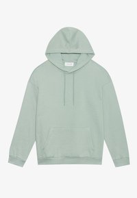 Lys grønn hettegenser laget av mykt stoff, med en frontlomme, justerbar snorhette og ribbestrikkede mansjetter. Minimalistisk design.
