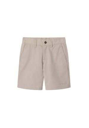 Shorts beiges en tissu mélangé coton, avec une fermeture à bouton, quatre poches et un logo brodé sur le bas à l'avant.