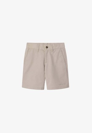 Beiga shorts tillverkade av tyg med bomullsblandning, med knappstängning, fyra fickor och broderad logotyp på den nedre framsidan.