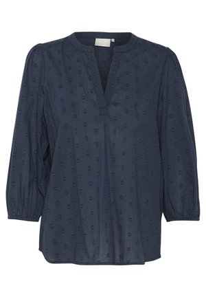 Navy blue blouse in lightweight fabric with a V-neck, three-quarter puff sleeves, and textured heart patterns throughout.