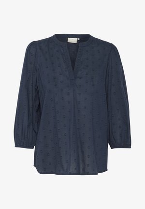 Navy blue blouse in lightweight fabric with a V-neck, three-quarter puff sleeves, and textured heart patterns throughout.