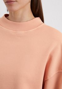 Perzikkleurige sweatshirt met een gereborde hoge kraag, zachte textuur en een relaxte pasvorm. Zichtbare naden en een licht oversized ontwerp.