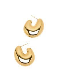Złote kolczyki metalowe o zakrzywionym, abstrakcyjnym wzorze. Gładka, błyszcząca powierzchnia o charakterystycznym kształcie litery U. Lekkie, z cienkim rafi.
