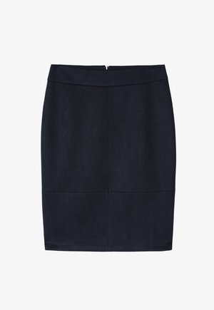 Granatowa spódnica ołówkowa o gładkiej fakturze, z ukrytym suwakiem z tyłu oraz prostym, dopasowanym krojem ze szczegółami szwów.