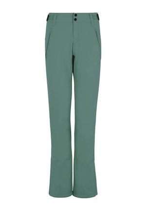 Groene softshell broek met een recht model, twee voorkezen en een sluiting met twee knopen bij de taille. Lichtgewicht en flexibel materiaal.