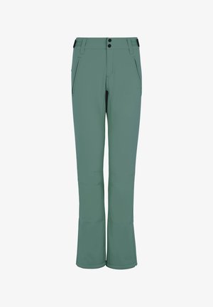 Grüne Softshell-Hosen mit geradem Bein, zwei Vorderaschen und einer Zweiknopfschließe am Bund. Leichtes und flexibles Material.