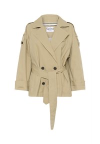 Trench-coat beige à double boutonnage avec ceinture à la taille, larges revers et épaulettes. Confectionné en tissu léger à texture lisse.