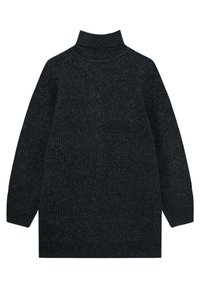 Dark grey, textured turtleneck sweater with long sleeves, loose fit, and ribbed pattern. No visible fastenings or decorative elements.
