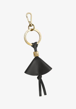 Black leather keychain with a triangular pendant, a gold metal ring, and a snap clip. Features embossed details and leather tie accents.