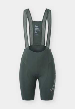 Σκούρα γκρι ποδηλατικά σορτς με μαξιλαράκι στη σέλα και ριγωτές ελαστικές τιράντες, με κείμενο στην πλάτη και τον αριστερό μηρό.