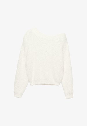 Witte, zachte trui met lange mouwen, een brede boothals en een licht ingekorte zoom.