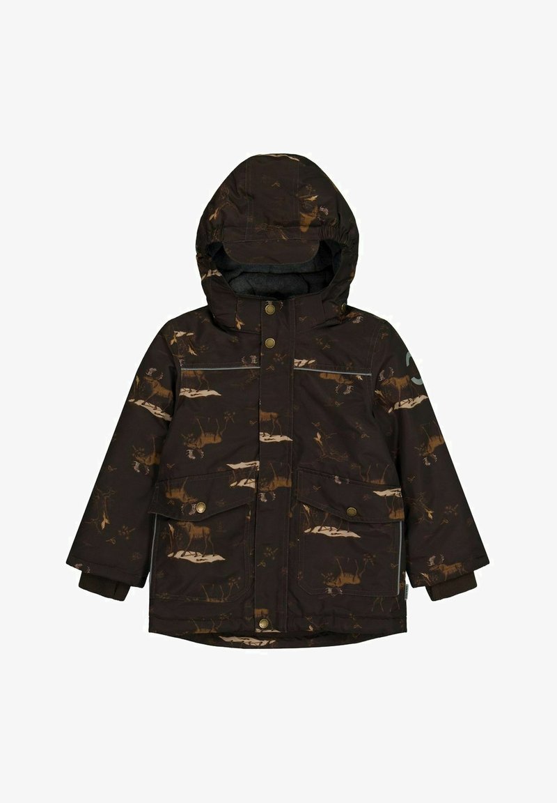 Brown jacket with a hood, featuring a wildlife pattern of deer and trees. It has two front pockets and snap closures. Textured finish.