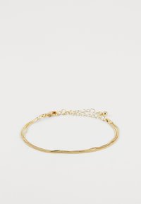 Gold metal bracelet with three strands; features a chain link closure and a small round accent bead. Smooth, shiny texture.