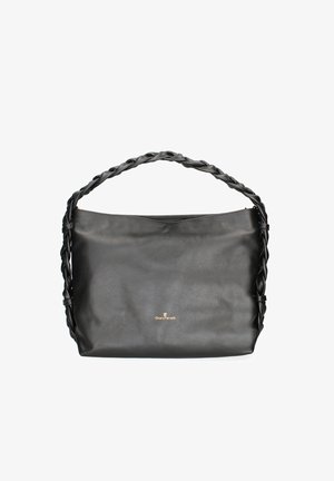 Borsa a mano in pelle nera con tracolla intrecciata, forma rettangolare, texture liscia e un delicato dettaglio con logo sulla parte anteriore.