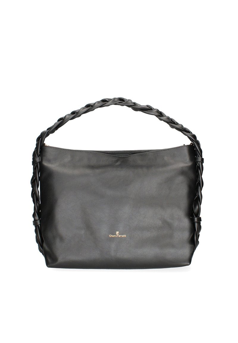 Borsa a mano in pelle nera con tracolla intrecciata, forma rettangolare, texture liscia e un delicato dettaglio con logo sulla parte anteriore.