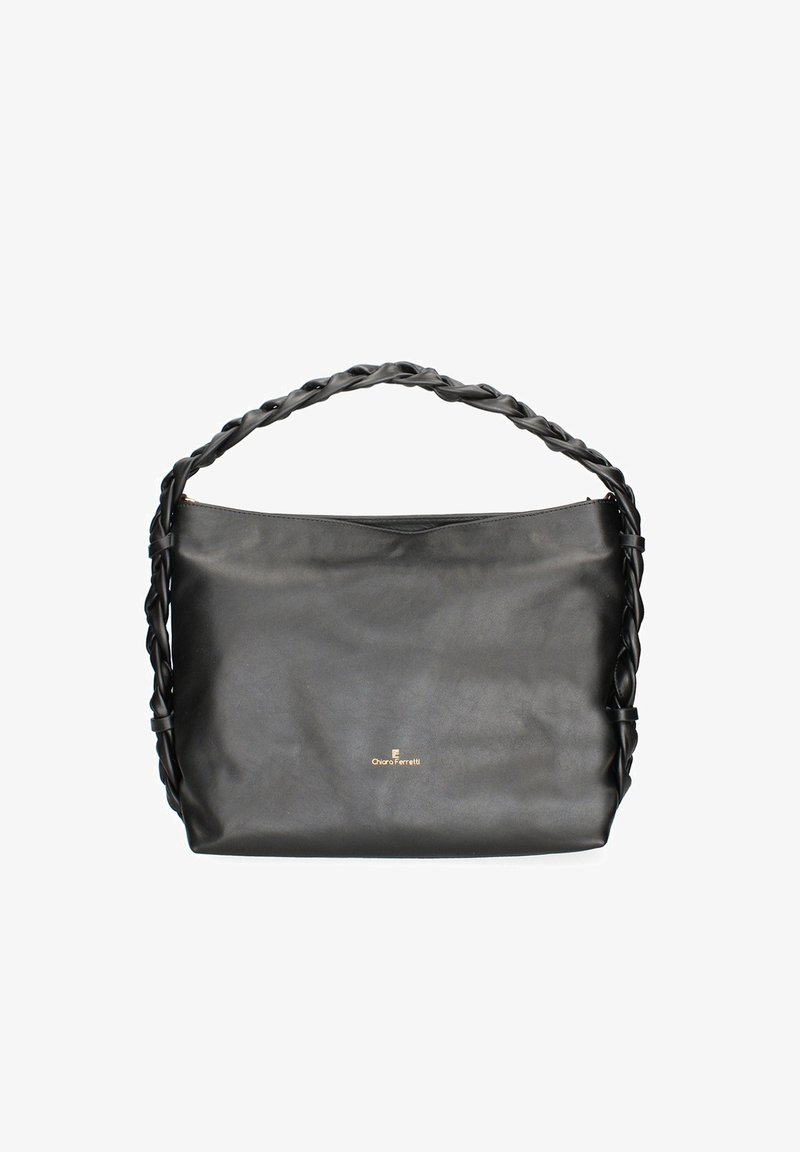 Borsa a mano in pelle nera con tracolla intrecciata, forma rettangolare, texture liscia e un delicato dettaglio con logo sulla parte anteriore.