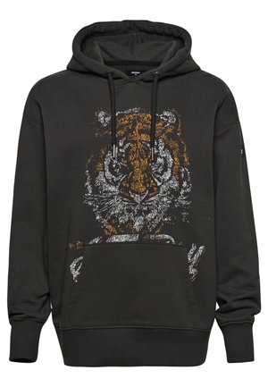 Black hooded sweatshirt with front kangaroo pocket and large distressed orange and white tiger face graphic on the chest.