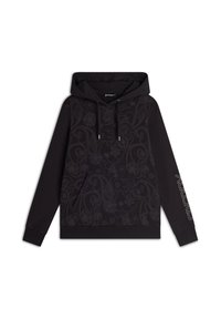 Hoodie noir avec motif paisley dans des tons sombres, capuche avec cordon de serrage, poche avant et détail de logo sur la manche en finition métallique.