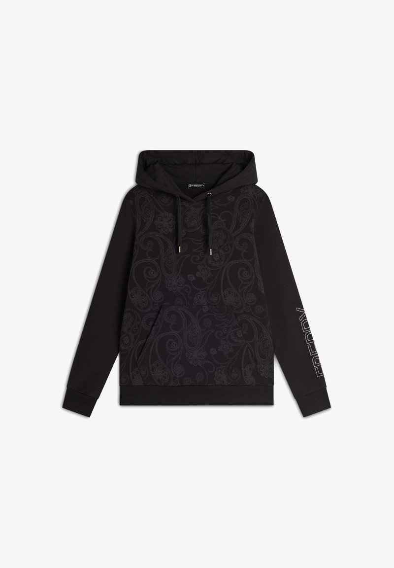 Hoodie noir avec motif paisley dans des tons sombres, capuche avec cordon de serrage, poche avant et détail de logo sur la manche en finition métallique.
