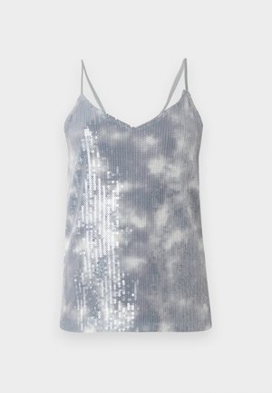 Varrukattu hall hall top, millel on kerge pilvemuster. Ühel pool on lisatud hõbedased sädelused tekstuuri ja sära jaoks. V-kaeluse disain koos õhukeste rihmadega.