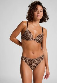 Leopard-print bikini set featuring a molded bra with adjustable straps and matching low-rise briefs, both in shades of brown and tan.