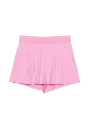 Shorts décontractés rose taille haute avec poches latérales et un design légèrement plissé, posés à plat sur un fond blanc.