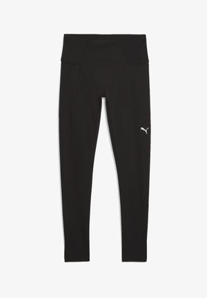 Black athletic leggings made of stretchy fabric, featuring a high waistband and flat seams. Small white logo on the left side.